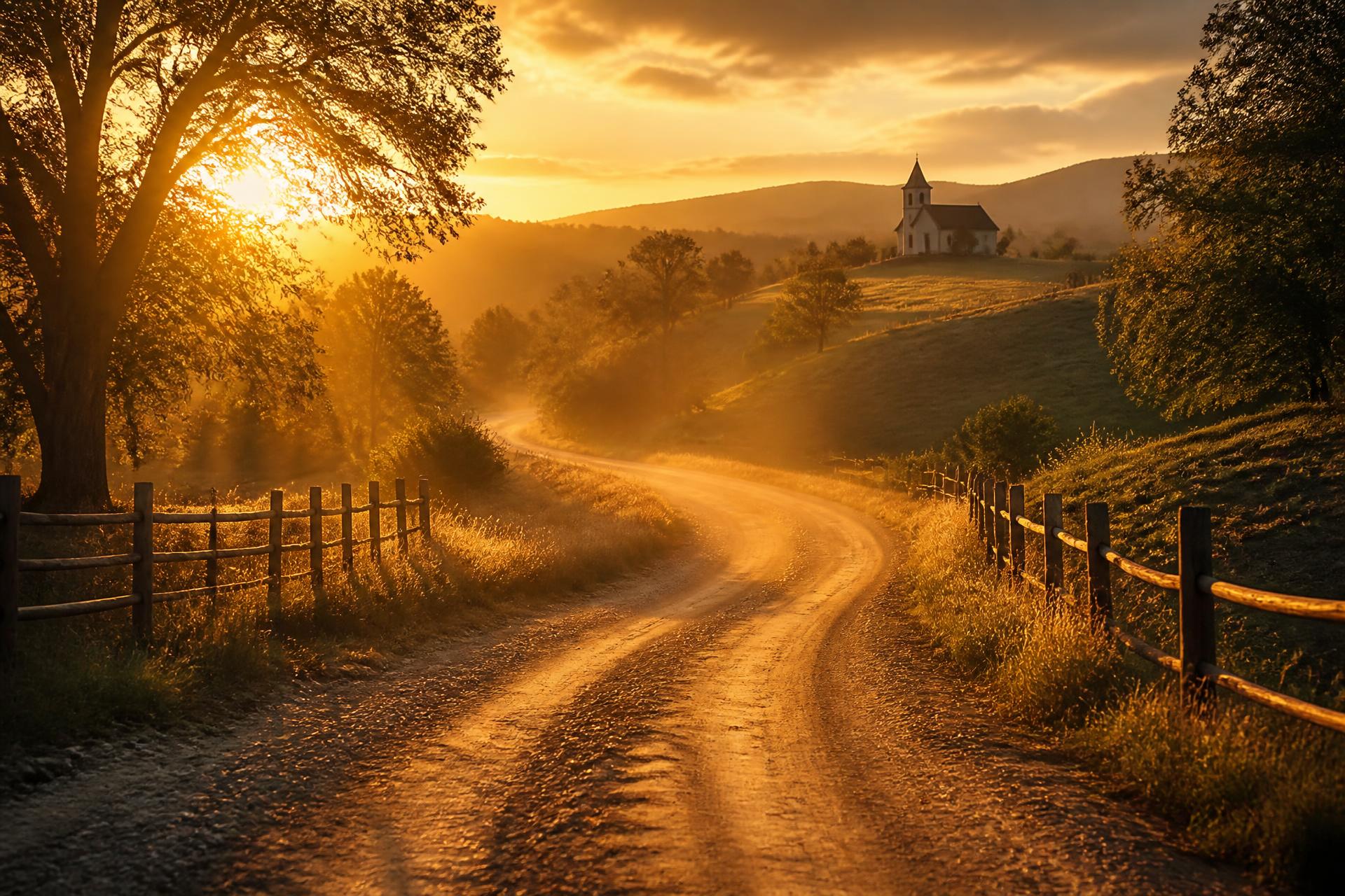 Dirt road winding through hills toward a small country church at golden hour